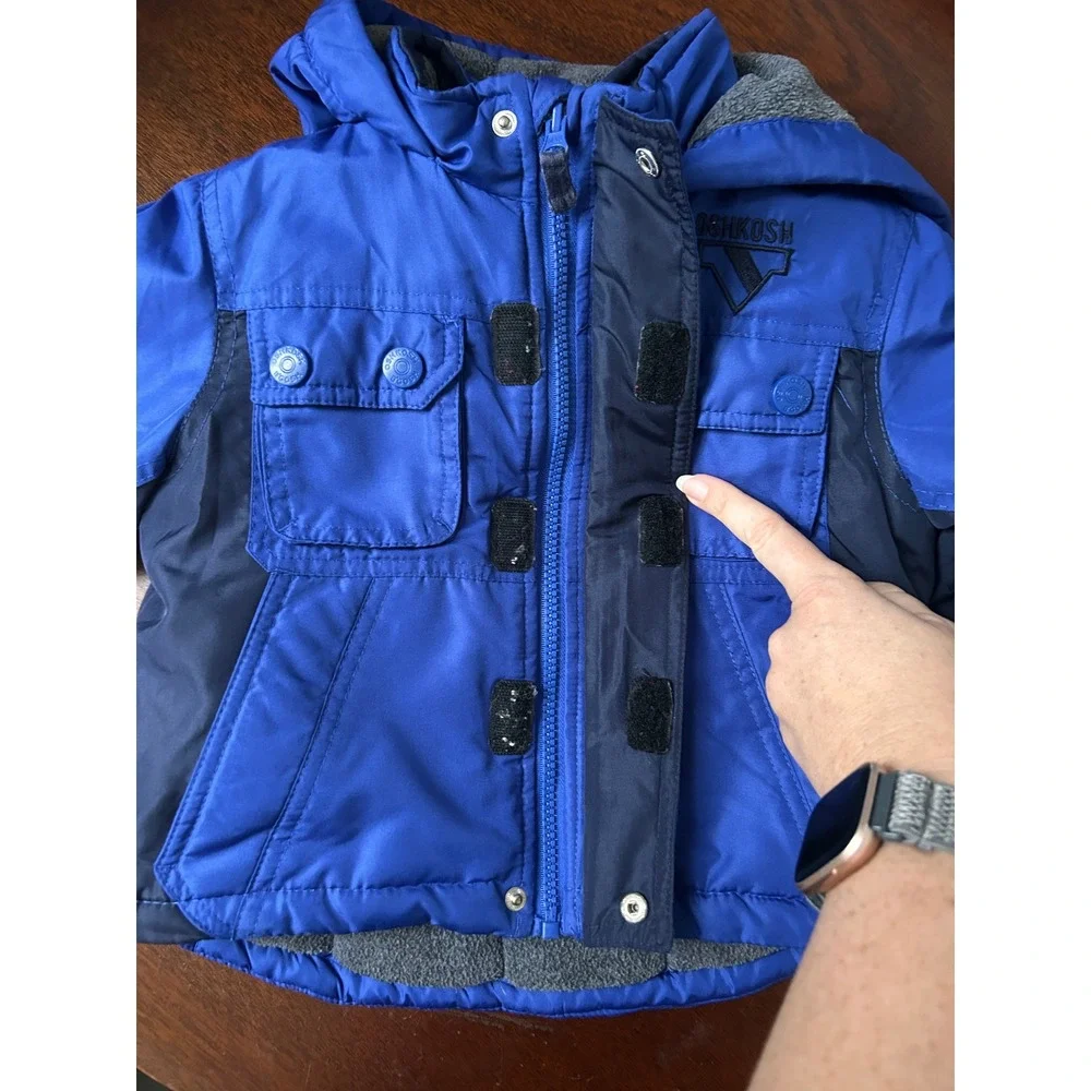 OshKosh Bgosh Boys Blue Colorblock Fleece Lined Hooded Puffer Winter Jacket 2T